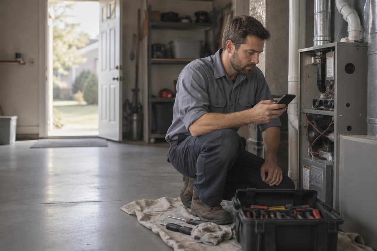 A worker on site checking a job on a phone